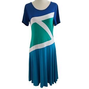 Lynn Ritchie Silver Graphic Color Block Short Sleeve Midi Dress Blue + Green S